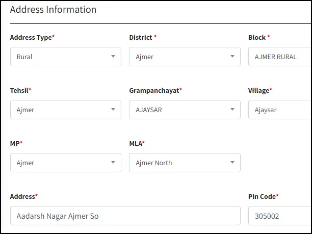 Select Address Information for Anuprati Coadhing Yojana Apply